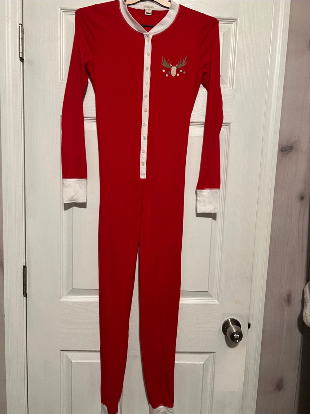 J. Crew Red One-Piece Holiday Pajama Romper with White Trim